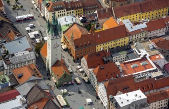 City tower at Theresienplatz, Straubing, East Bavaria, Bavaria, Germany, Europe, aerial view,