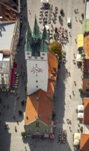 City tower at Theresienplatz, Straubing, East Bavaria, Bavaria, Germany, Europe, aerial view,