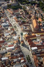 City tower at Theresienplatz, Straubing, East Bavaria, Bavaria, Germany, Europe, aerial view,