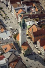 City tower at Theresienplatz, Straubing, East Bavaria, Bavaria, Germany, Europe, aerial view,