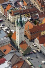 City tower at Theresienplatz, Straubing, East Bavaria, Bavaria, Germany, Europe, aerial view,
