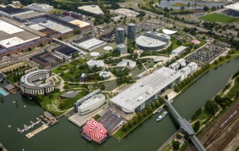 Volkswagen plant Wolfsburg with Autostadt and The Ritz Carlton Hotel, Lower Saxony, Germany,
