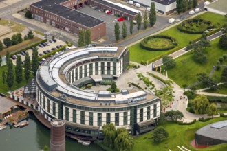 Volkswagen plant Wolfsburg with Autostadt and The Ritz Carlton Hotel, Lower Saxony, Germany,