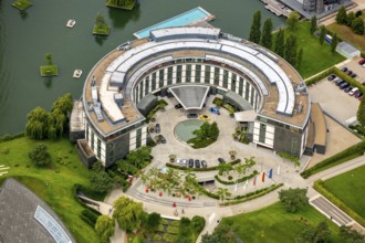 Volkswagen plant Wolfsburg with Autostadt and The Ritz Carlton Hotel, Lower Saxony, Germany,