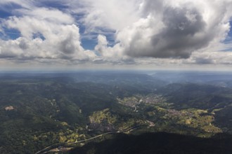 Black Forest valleys with clouds, Weisenbach, Baden-Württemberg, Germany, Europe, aerial view,