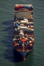 Container ship Maersk Lavras at anchor, aerial view, cargo ships at anchor off Spiekeroog, shipping