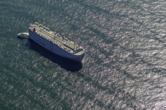 Cargo ship, anchoring car transporter Ocean Highway Panama, aerial view, cargo ships anchored off