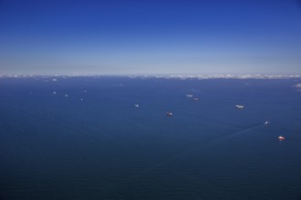 Aerial view, cargo ships at anchor off Spiekeroog, shipping lane, shipping route, at sea, coastal