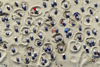 Sandy beach beach with beach chairs and sand walls, sand castles, aerial view, Wangerooge, North