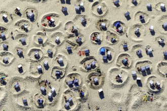 Sandy beach beach with beach chairs and sand walls, sand castles, aerial view, Wangerooge, North