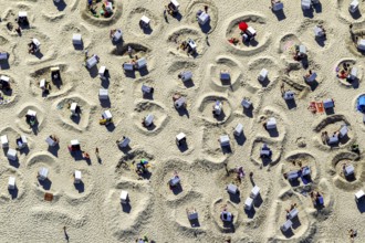 Sandy beach beach with beach chairs and sand walls, sand castles, aerial view, Wangerooge, North
