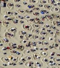 Sandy beach beach with beach chairs and sand walls, sand castles, aerial view, Wangerooge, North