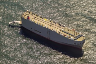 Cargo ship, anchoring car transporter Ocean Highway Panama, aerial view, cargo ships anchored off