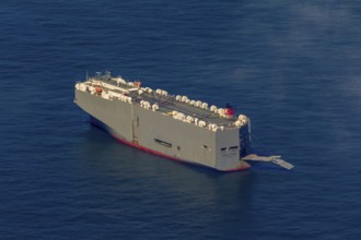 Cargo ship, anchoring car transporter Ocean Highway Panama, aerial view, cargo ships anchored off