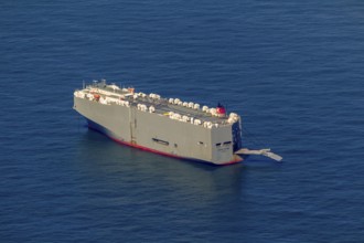 Cargo ship, anchoring car transporter Ocean Highway Panama, aerial view, cargo ships anchored off