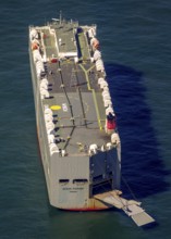 Cargo ship, anchoring car transporter Ocean Highway Panama, aerial view, Spiekeroog, North Sea,