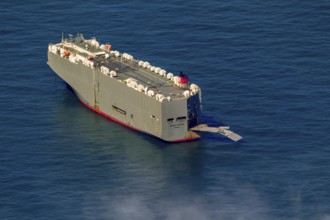 Cargo ship, anchoring car transporter Ocean Highway Panama, aerial view, cargo ships anchored off