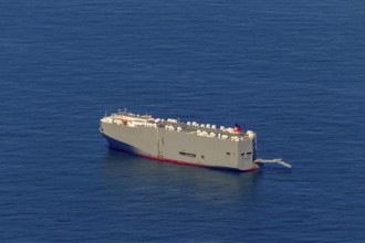 Cargo ship, anchoring car transporter Ocean Highway Panama, aerial view, cargo ships anchored off