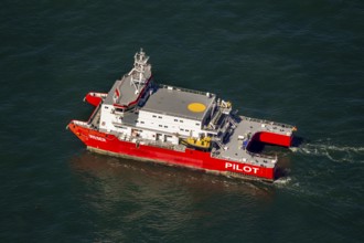 Pilot ship, pilot ship Weser, aerial photograph, cargo ships at anchor off Spiekeroog, shipping