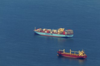 Aerial view, cargo ships at anchor off Spiekeroog, shipping lane, shipping route, at sea, coastal