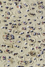 Sandy beach beach with beach chairs and sand walls, sand castles, aerial view, Wangerooge, North