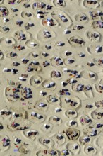 Sandy beach beach with beach chairs and sand walls, sand castles, aerial view, Wangerooge, North