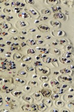 Sandy beach beach with beach chairs and sand walls, sand castles, aerial view, Wangerooge, North