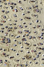 Sandy beach beach with beach chairs and sand walls, sand castles, aerial view, Wangerooge, North