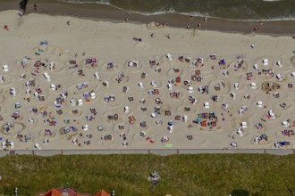 Sandy beach beach with beach chairs and sand walls, sand castles, aerial view, Wangerooge, North