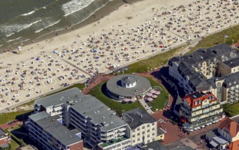 Beach and Café Pudding, aerial view, Wangerooge, North Sea, North Sea island, East Frisian Islands,