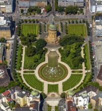 Water tower with park on Friedrichsplatz, Mannheim, Baden-Württemberg, Germany, Europe, aerial