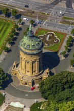 Water tower with park on Friedrichsplatz, Mannheim, Baden-Württemberg, Germany, Europe, aerial