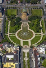 Water tower with park on Friedrichsplatz, Mannheim, Baden-Württemberg, Germany, Europe, aerial