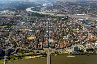 Square city Mannheim, old town, view over the Neckar river to Mannheim, Mannheim,
