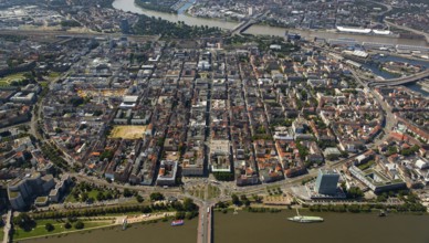 Square city Mannheim, old town, view over the Neckar river to Mannheim, Mannheim,