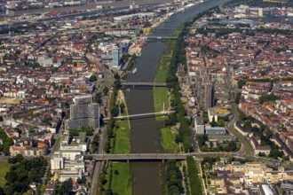 View over the Neckar river to Mannheim, Mannheim, Baden-Württemberg, Germany, Europe, aerial view,
