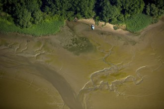 Elbe, tidal flats at low tide on an island in the Elbe near Wedel and Jork with motorboat running