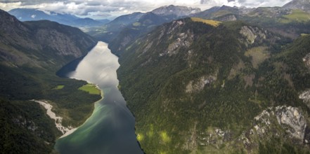View of the Königssee from a small sports aeroplane, Schönau, Alps, Bavaria, Germany, Europe,
