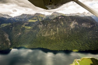 View of the Königssee from a small sports aeroplane, Schönau, Alps, Bavaria, Germany, Europe,