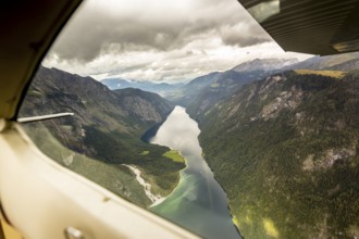 View of the Königssee from a small sports aeroplane, Schönau, Alps, Bavaria, Germany, Europe,