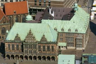 Bremen town hall, Bürgerschaft, green copper roof, city centre Bremen, city, aerial view, aerial