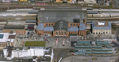 Central station of Bremen, station forecourt with bus station, city centre of Bremen, city, aerial