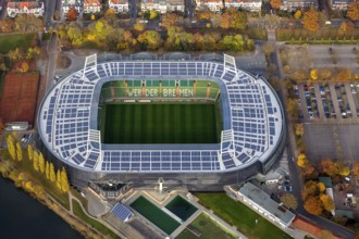 Aerial view, stadium of the Bundesliga club SV Werder Bremen, Weserstadion, Wuseum, photovoltaics,