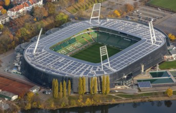 Aerial view, stadium of the Bundesliga club SV Werder Bremen, Weserstadion, Wuseum, photovoltaics,