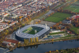 Aerial view, stadium of the Bundesliga club SV Werder Bremen, Weserstadion, Wuseum, photovoltaics,