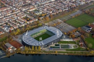 Aerial view, stadium of the Bundesliga club SV Werder Bremen, Weserstadion, Wuseum, photovoltaics,