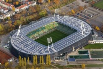 Aerial view, stadium of the Bundesliga club SV Werder Bremen, Weserstadion, Wuseum, photovoltaics,