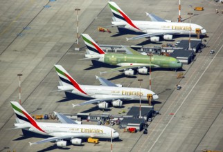 Airbus A380 for Emirates in front of completion on the apron, Finkenwerder Airport, Finkenwerder