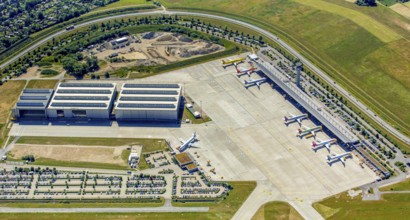 Apron with Airbus aircraft and tower, Finkenwerder Airport, Finkenwerder Airport, Hamburg, Free and