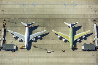 Airbus A380 for Emirates in front of completion on the apron, Finkenwerder Airport, Finkenwerder